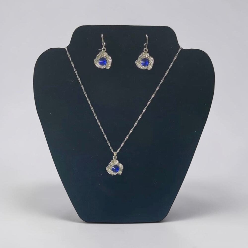 Royal Blue Crystal Flower Necklace & Earrings Set Silver Tone Rhinestone Jewelry